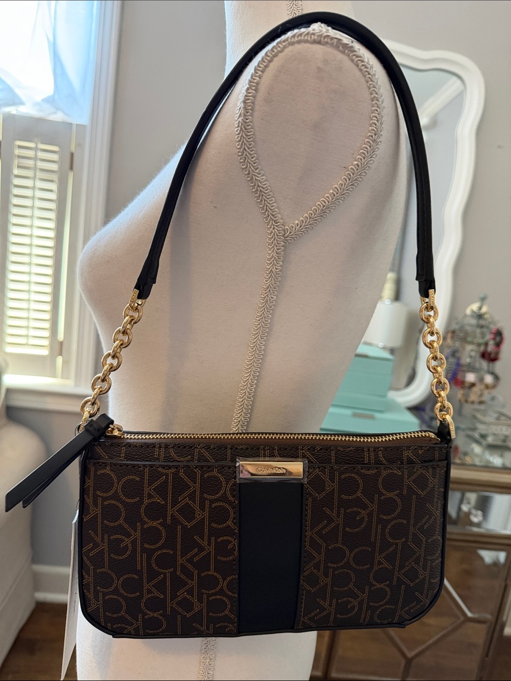 Calvin Klein Brown Iconic Monogram Shoulder Bag w Black Trim & Gold Chain